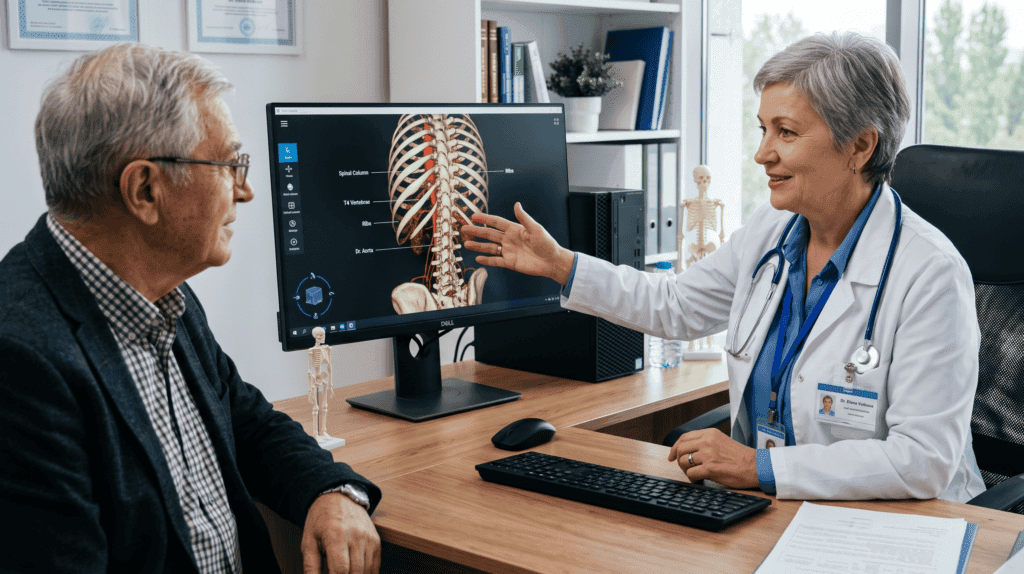 A female doctor points toward a 3D anatomical model of a spine and ribcage on a computer screen while explaining it to an elderly male patient during a consultation.
