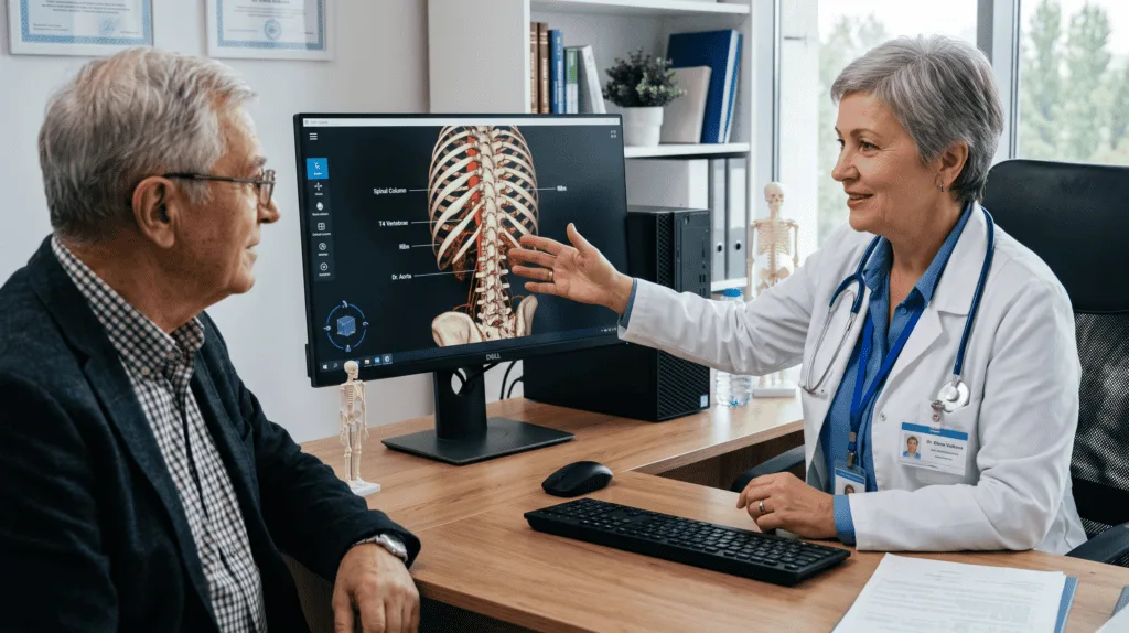 A female doctor points toward a 3D anatomical model of a spine and ribcage on a computer screen while explaining it to an elderly male patient during a consultation.